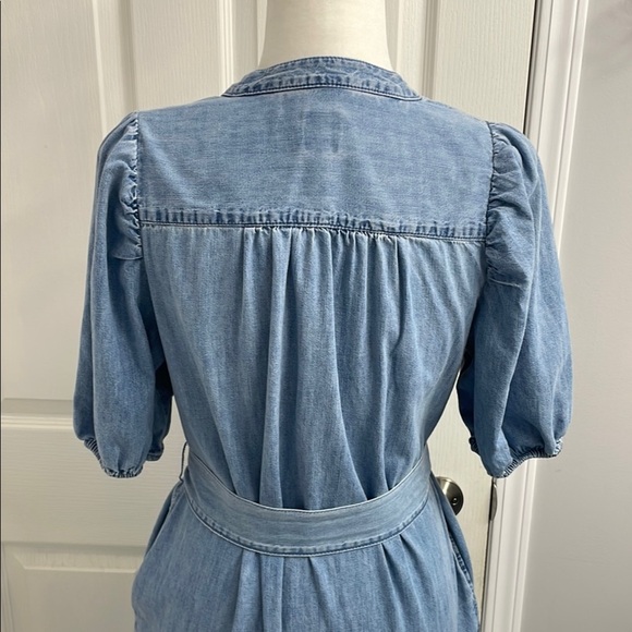 GAP Mini Dress Puff Sleeve Mock Neck Lt Wash Indigo Relaxed Fit Tie Belt Size S - Picture 6 of 13